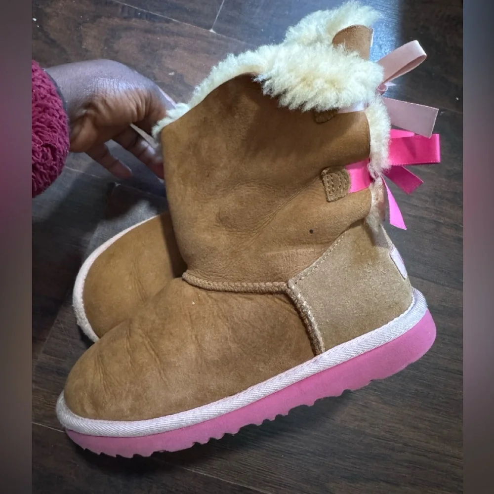 UGG Kids Tan and Pink Bailey Bow Boots
